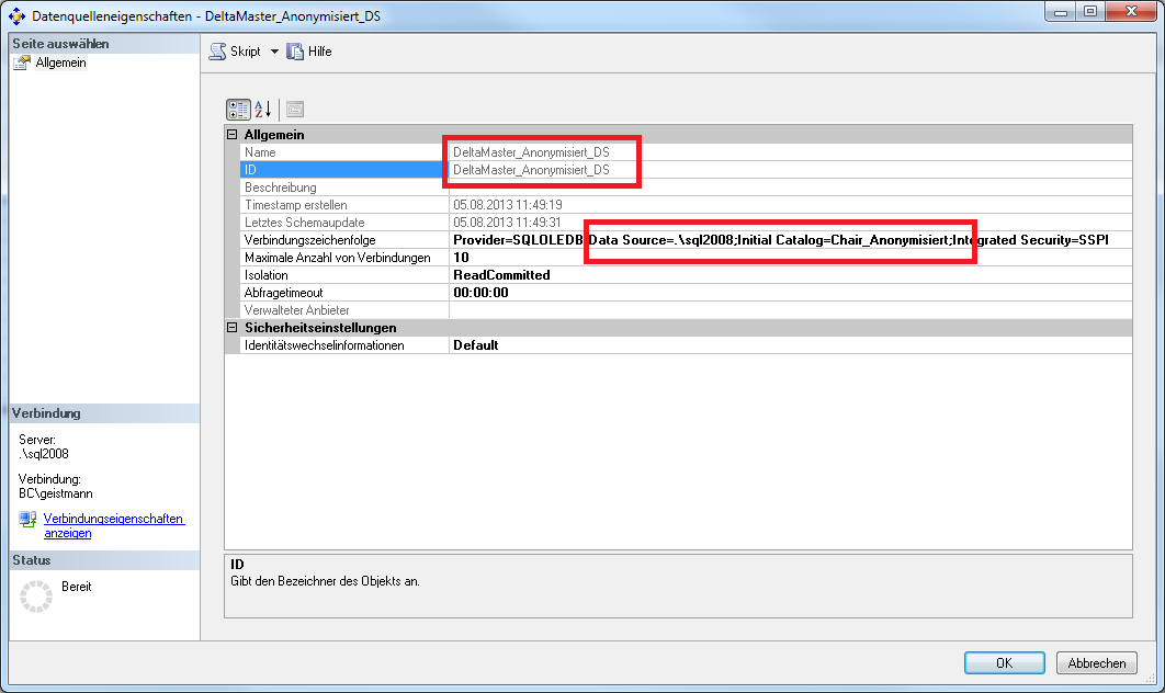 Überprüfung der Einstellungen in Microsoft Analysis Service am Beispiel der Datenquelleneigenschaften 