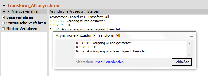 Asynchrone Prozedur P_Transform_All, Ergebnisanzeige