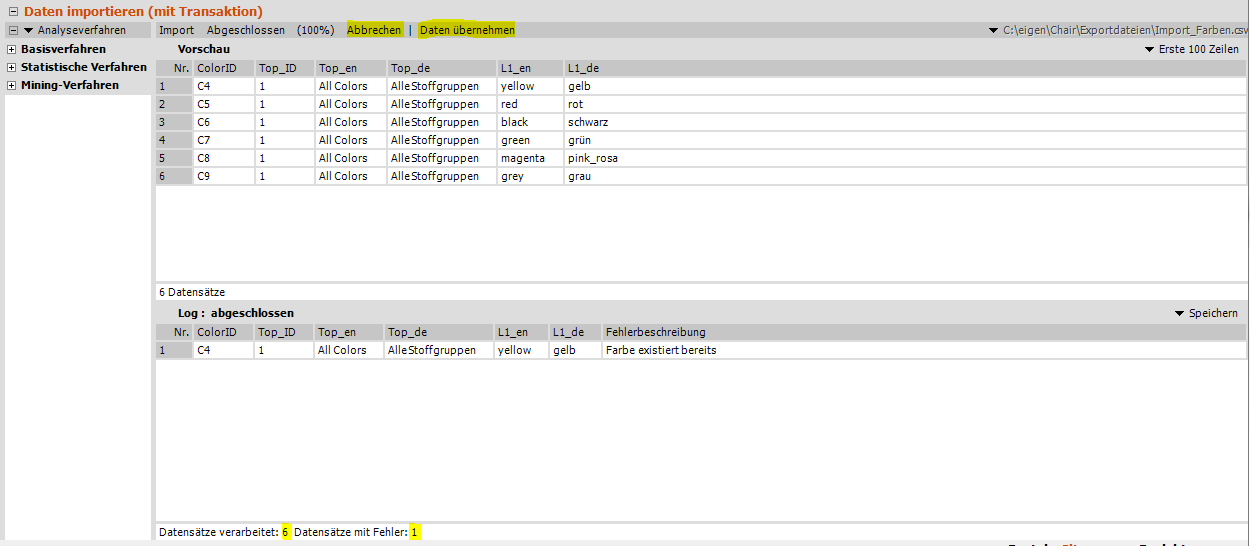 Daten importieren, Import ist ausgeführt