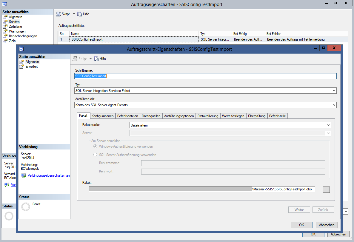 Abbildung 6 SQL Server Agent-Auftrag für den Test des SSIS-Paketes