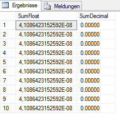 Abbildung 7 Ergebnis der Aggregation von float im Vergleich zu decimal mit nur einem Thread