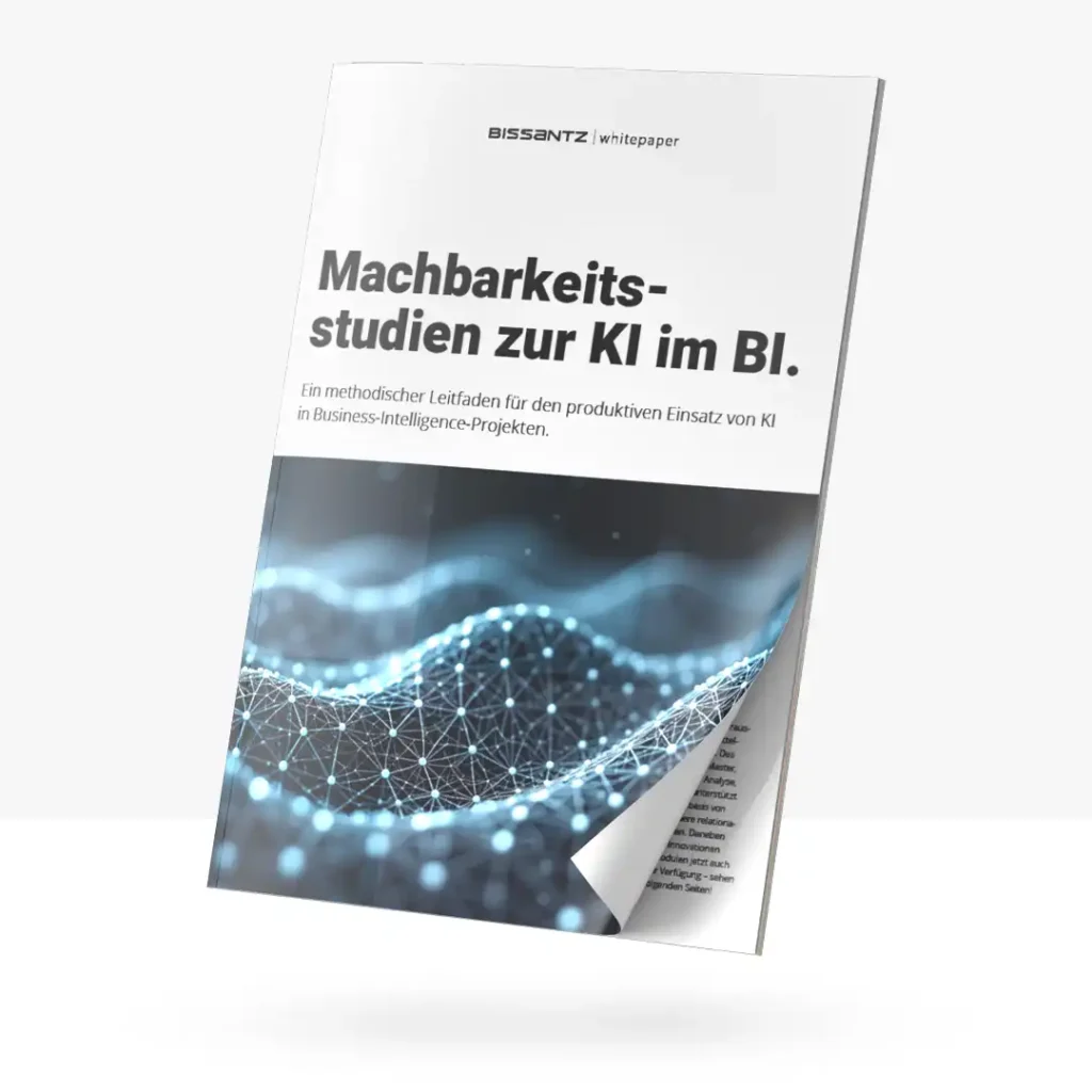 Whitepaper Machbarkeitsstudien zur KI im BI - 3D-Grafik der Broschüre mit Deckblatt