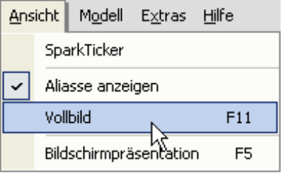 Vollbild im Menü Ansicht