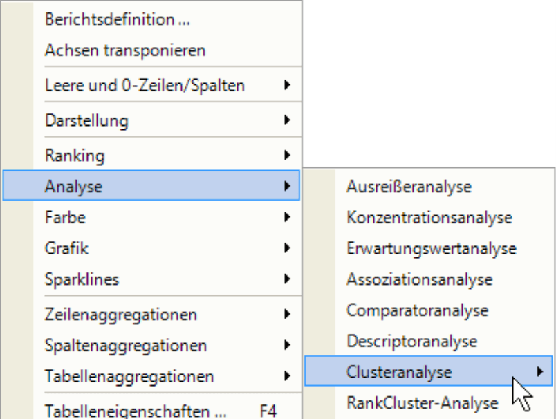 Clusteranalyse im Abschnitt Analyse neben Ausreißeranalyse, Konzentrationsanalyse, Erwartungswertanalyse, Assoziationsanalyse, Comparatorenanalyse, Descriptoranalyse und RankCluster-Analyse